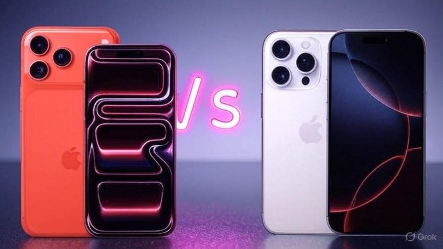 comparison of orange iPhone 17 Pro and white iPhone 16 Pro on a futuristic blue-lit corridor background, highlighting design differences and 'vs' in neon pink text, 4K quality