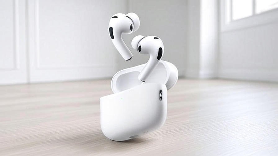 White AirPods Pro 3 with heart rate monitoring floating above case against a vibrant city skyline at night, 4K quality.